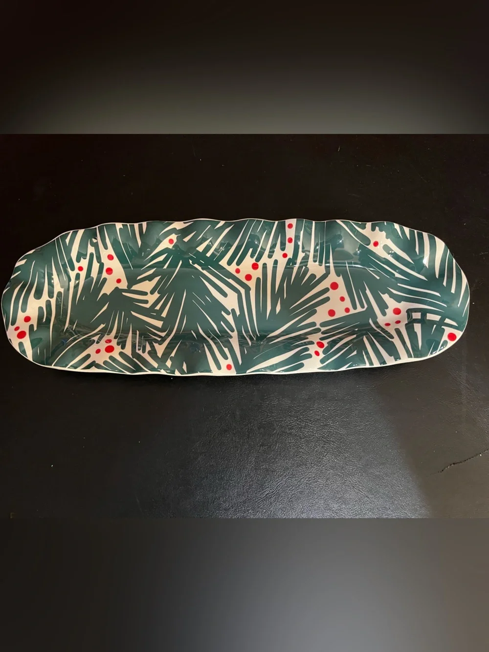 Coton Colors Green Palm Leaf & Red Dot Holiday Serving Platter-New